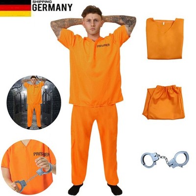 Damen Herren Karneval Kostüm Gefangener Sträfling Häftling Orange Overall