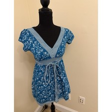 Y2K VTG Blue Floral Babydoll Dress Tie Front Short Sleeve Mall Size Medium