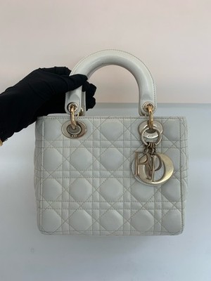 Authentic Dior Lady Dior Small White Leather Cannage Bag Gold