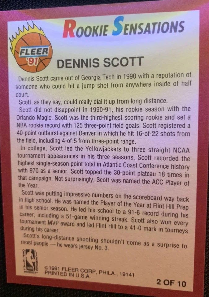 1991-92 Fleer Rookie Sensations #2 Dennis Scott Magic (Inserção: violoncelo) a - Imagem 4 de 4