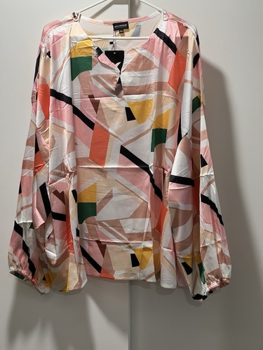 Xpluswear Design Plus Size Casual Pink Geometric Round Neck Lantern Sleeve top - Picture 4 of 16