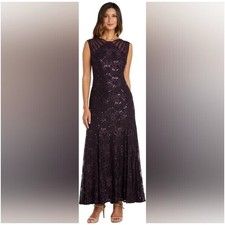 R M Richards Women Evening Dress 12 Purple Lace Sequin Overlay Gown Event Party