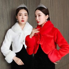 Women Faux Fur Shrug Bolero Cardigan Thermal Plush Wedding Dress Cape Evening