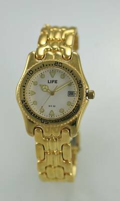 LIFE Mens Watch Gold Stainless Steel Date 50m Water Resist Battery Beige Quartz