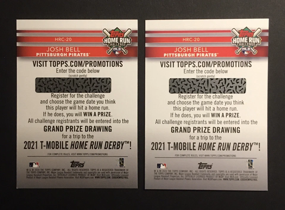 2020 Topps Home Run Challenge Josh Bell Card HRC-20 Unscratched Pirates-LOT OF 2 - Image 2 of 4