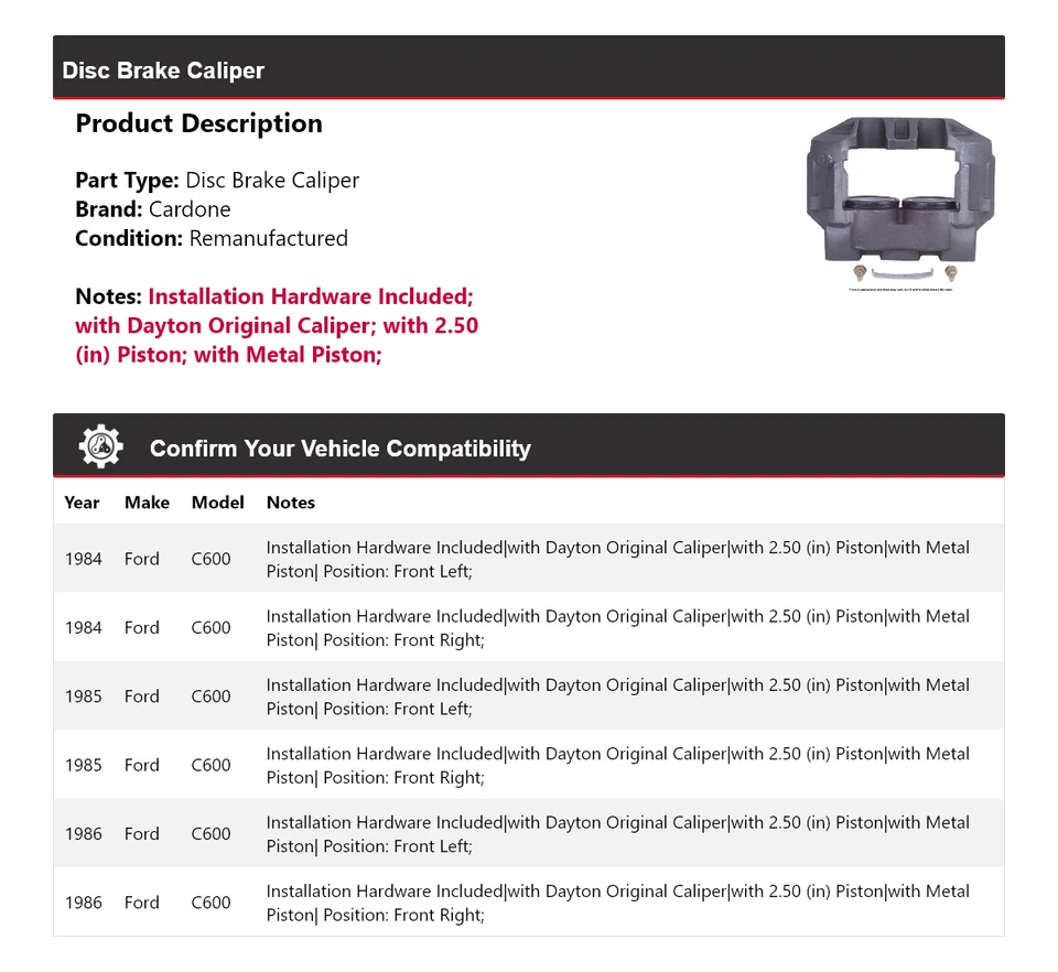 Pinza de freno de disco Cardone 1985 para Ford C600 1984-1986 Foto 2 de 4