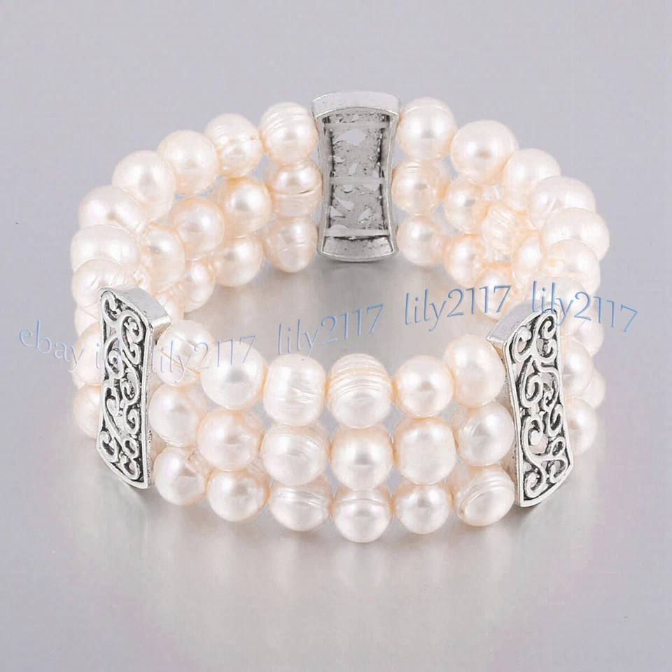 3 ряда 6-11 мм натуральный многоцветный пресноводный жемчуг эластичный браслет браслет 7,5'' - Изображение 3 из 4