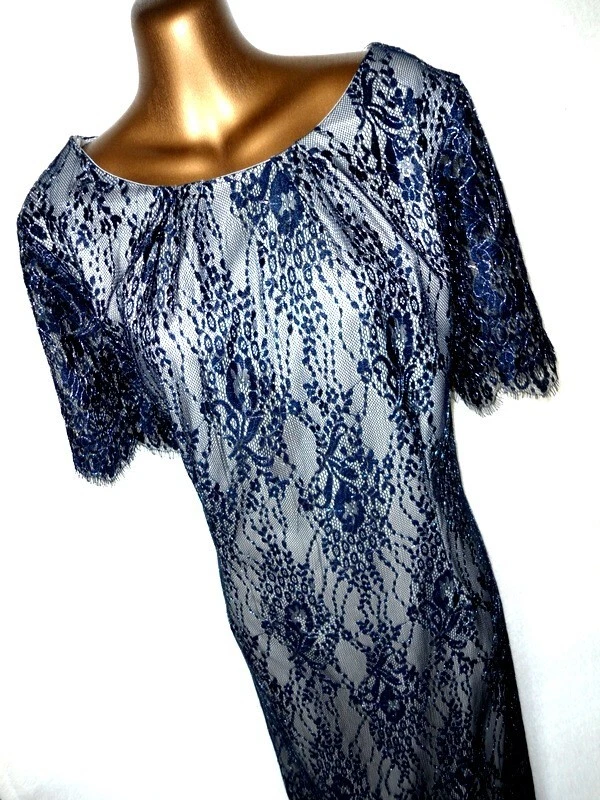Jacques Vert Pencil dress in navy silver lace fringed hems 6373