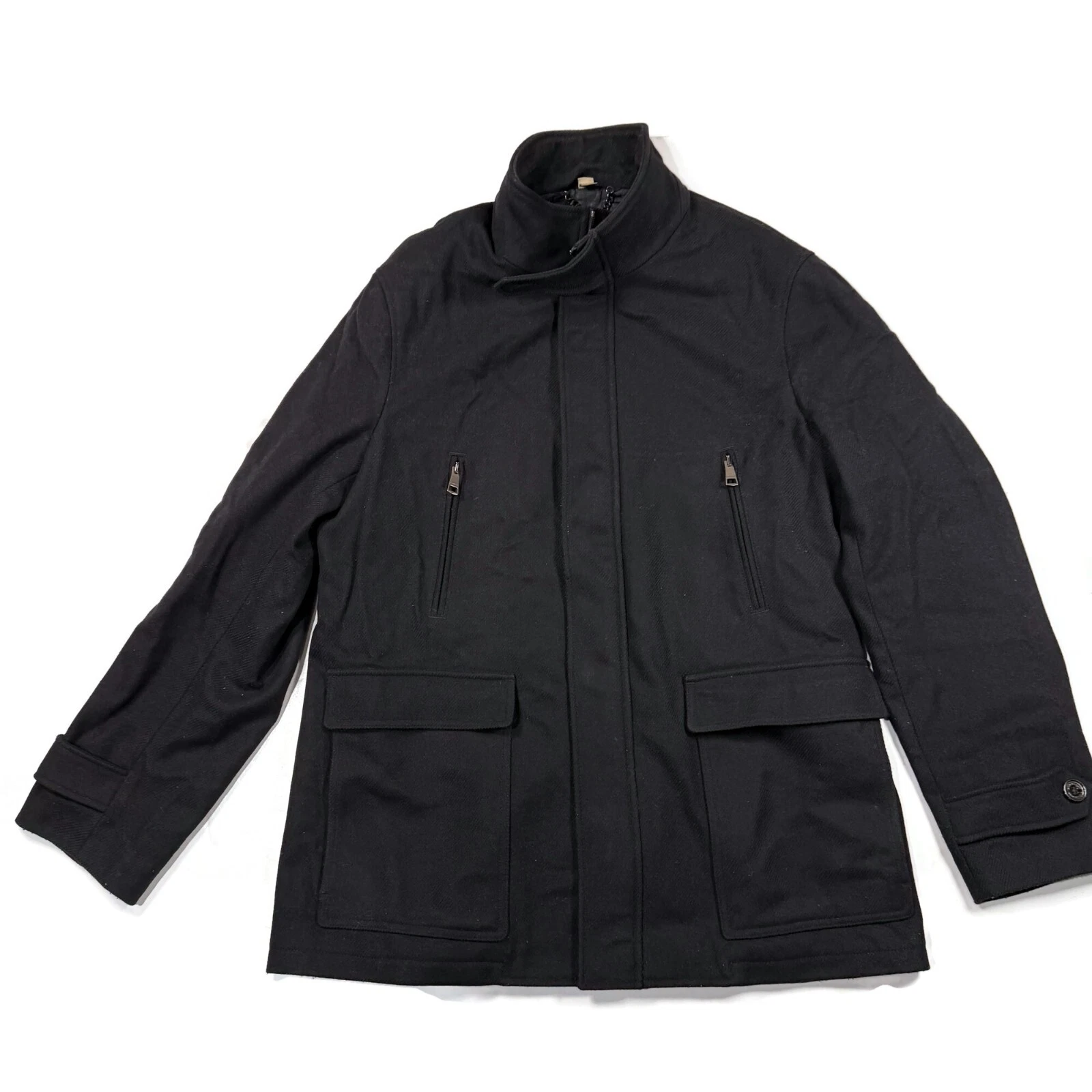 Burberry giacca lana uomo grande nera invernale tasche zip cappotto a scatto