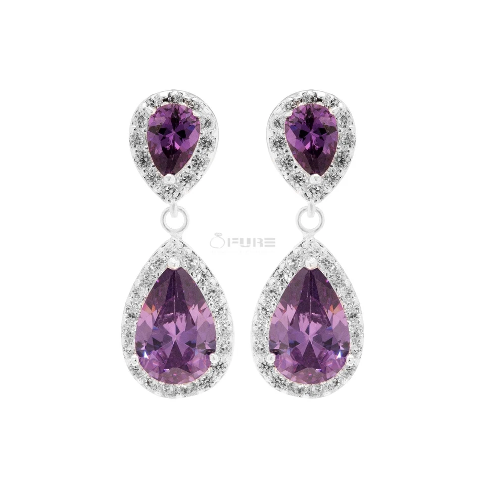 Gorgeous Amethyst Stone Water Drop 925 Sterling Silver Purple Dangle Earrings UK - Image 3 of 4