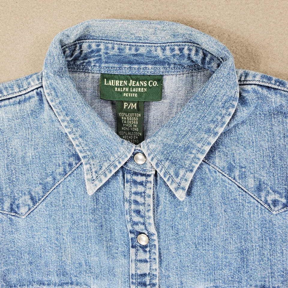 Lauren Jeans Ralph Lauren Pearl Snap Shirt Top Size PM Denim Embroidered Western - Image 2 of 4