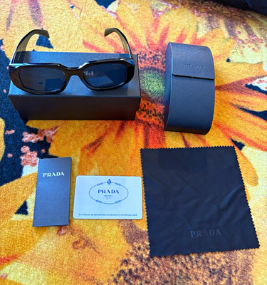 PRADA SPR17WS Women s Rectangle Sunglasses Black Plastic Tinted UV 145mm
