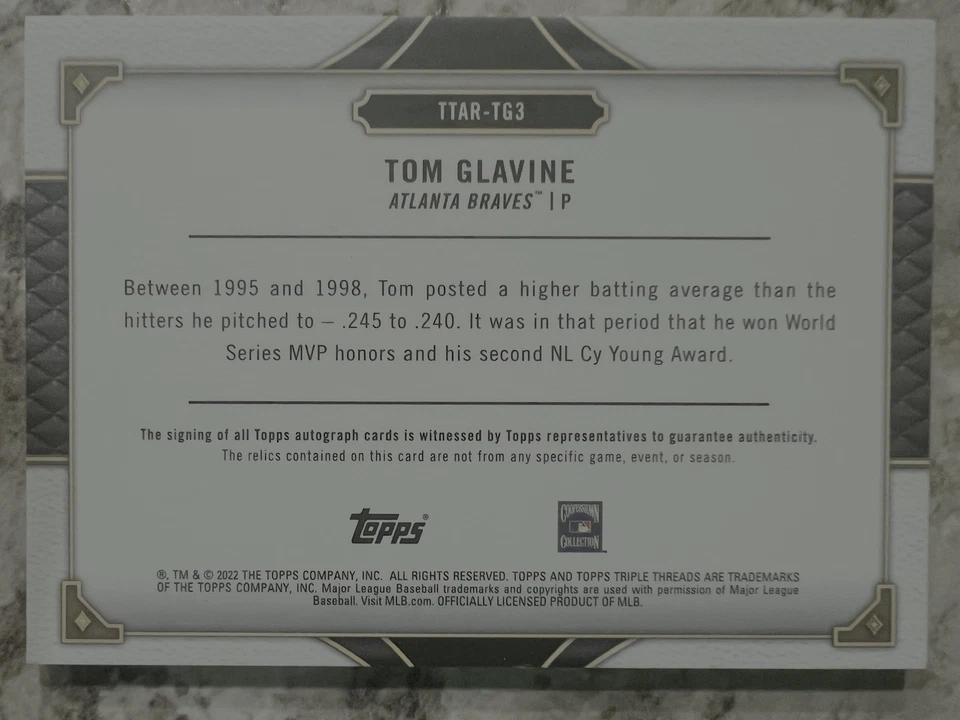 TOM GLAVINE 6/18 Auto Patch Topps 2022 Triple Threads Orange - Image 4 of 4