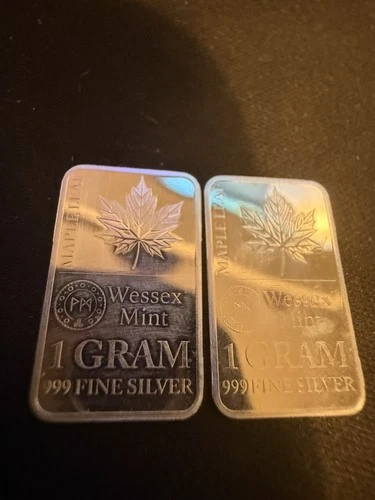 2 x Wessex Mint 1g .999 Silver Bar Maple Leaf