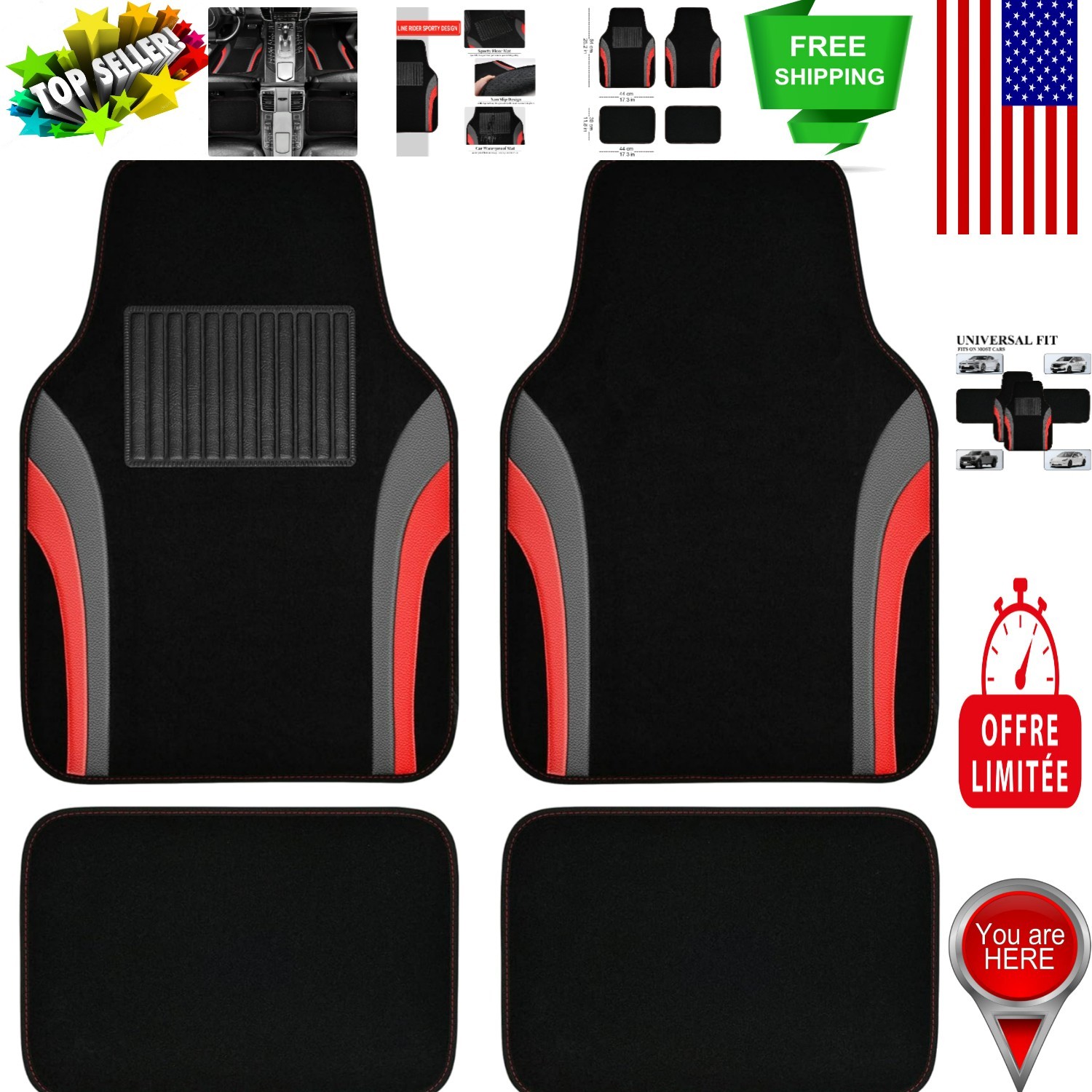 Elegant Black and Red Leather Automotive Mats - Designed for Ultimate Durability