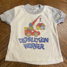 VTG 80s 90s Andover Togs Toddler Kids 2T Ringer Shirt DESTRUCTION WORKER USA