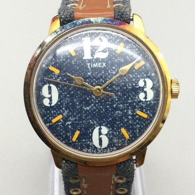 Timex Mens Watch 35mm Blue Dial Gold Tone Denim Leather Strap Manual Wind
