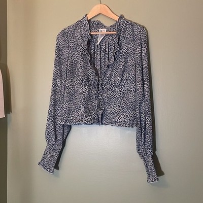 Free People Long Sleeve V- Neck Button Down Smocked Cheetah Blouse Sz L
