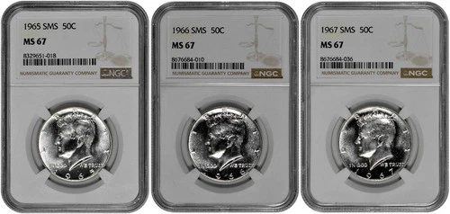 1965 - 1967 SMS 50c Kennedy Half Dollar NGC MS 67 Three Coin Lot