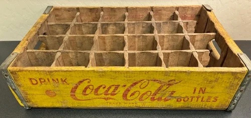Coca-Cola VTG 24 Bottle Yellow Red Lettering Soda Pop Wooden Wood Crate USA Made