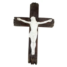  Rustic Resin Wall Crucifix - Weathered Wood-Look Cross with Gloss White Jesus 