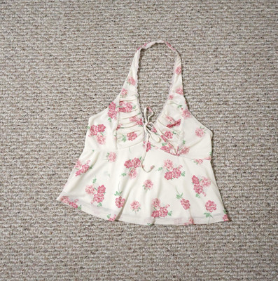 Talassia　y2k 00s　coquette　ビック花　バレエコアᥫ᭡ La Peche Pink Floral Lace Mesh Halter Crop Top M Cottagecore