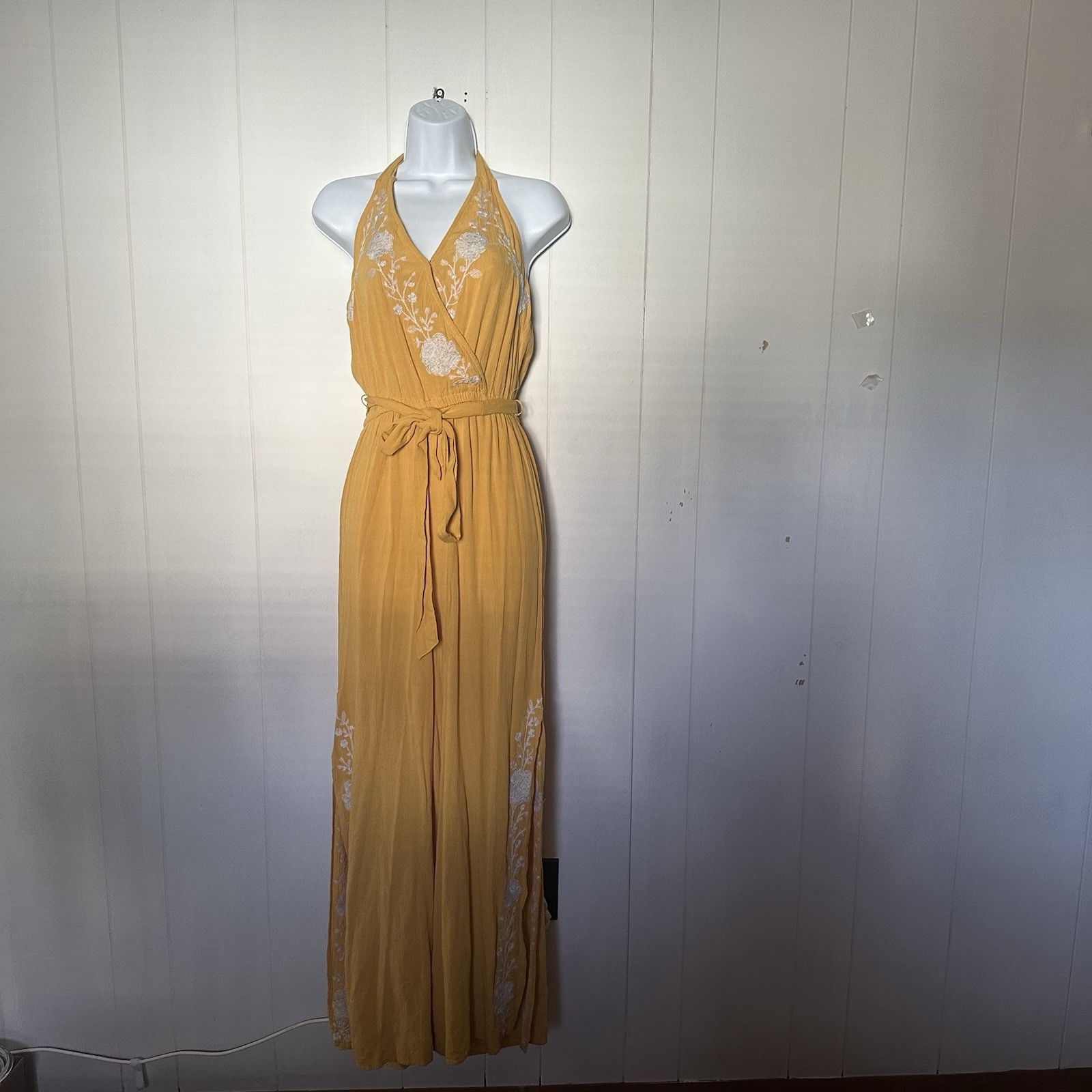 American Eagle Jumpsuit Small Yellow Embroidered Halter Wide Leg Boho Summer