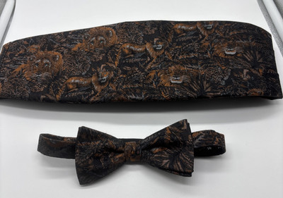 Silk Cummerbund & Bow Tie Black Orange Lion Big Cat Print 4.5  Wide Adjustable 
