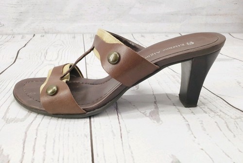 Etienne Aigner Diablo Slip On Sandal Sz 8.5 Medium Brown Leather Open Toe Stud - Picture 2 of 11
