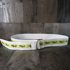 Children's White Canvas Belt Double D Ring Alligator Crocodile Green Stripe