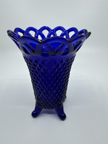 Vintage Cobalt Blue Imperial Glass Diamond Lace Edge Glass Vase Flower Vase - Picture 4 of 12