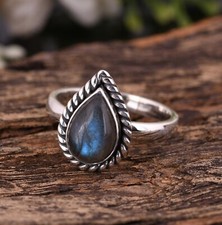 Shiny Teardrop Labradorite Rings Silver Twisted Boho Design Ring Jewelry