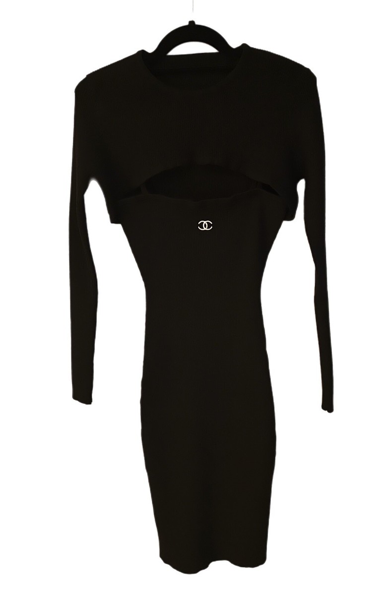Fashion Knitted Black Midi Spaghetti Dress Size S
