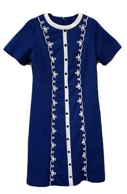 Vintage Hand Crafted SS Dress Navy Blue with White Applique Faceted Buttons M/L
