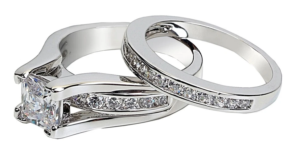 Juego de anillos de boda para mujer de acero inoxidable corte princesa circonita cúbica talla 5-11 Foto 2 de 4