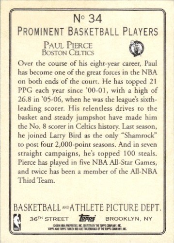 2006-07 Topps Turkey Red #34 Paul Pierce Boston Celtics Baseball - Picture 2 of 2