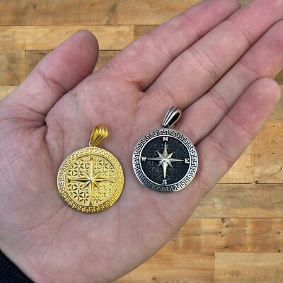 Kompass Anhänger - echt massiv 925 Sterling Silber oder 14k Gelbgold Vermeil