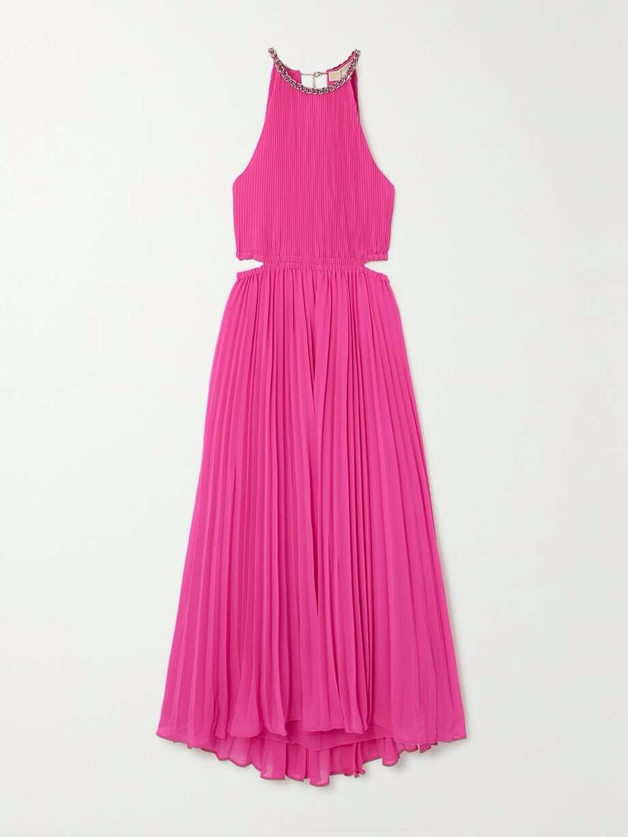 michael kors georgette pleated halter dress Michael Kors Dress Pliss-Georgette Cut Out Smocked Waist Chain Halter XL  NEW