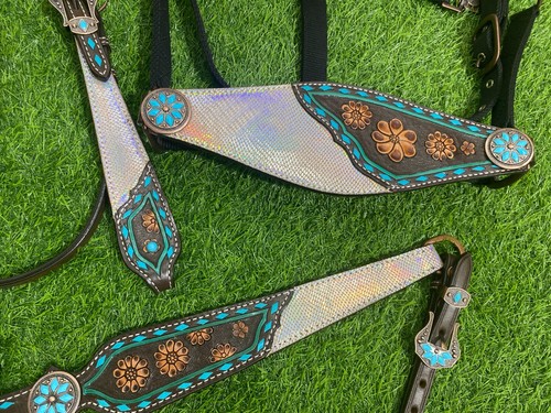 Leder Western Kopfstück Set für Pferd verziert mit holografischem Snack Print - Bild 20 von 79
