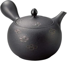 Yamakiikai Large Handmade Clay Teapot 15.6 oz Scarlet Crest Pattern Black S-5048