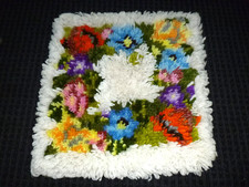 Vtg 70s Completed Latch Hook Pillow Cover multi Colored Floral W/ Velour Backing