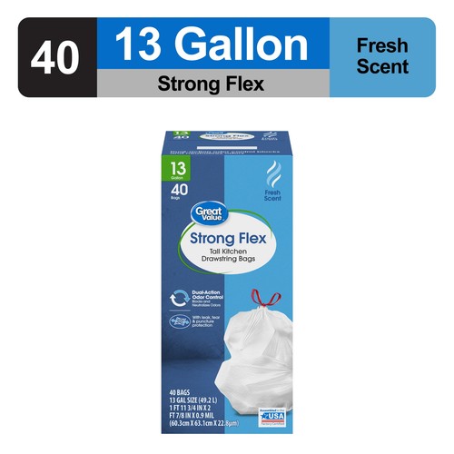 Strong Flex 13-Gallon Drawstring Tall Kitchen Trash Bags, Fresh Scent, 40 Bags
