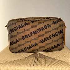 Borsa a tracolla Balenciaga in tela con logo e zip beige/nero, ferramenta oro,