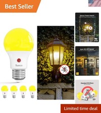A19 Amber Glow LED Bug Light Bulbs for Outdoor, Auto On/Off, 480 Lumens - 4 Pack