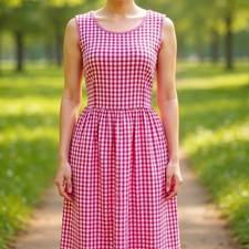 Vintage Erika Women's Cottagecore Gingham Midi Dress Small Pink Sleeveless