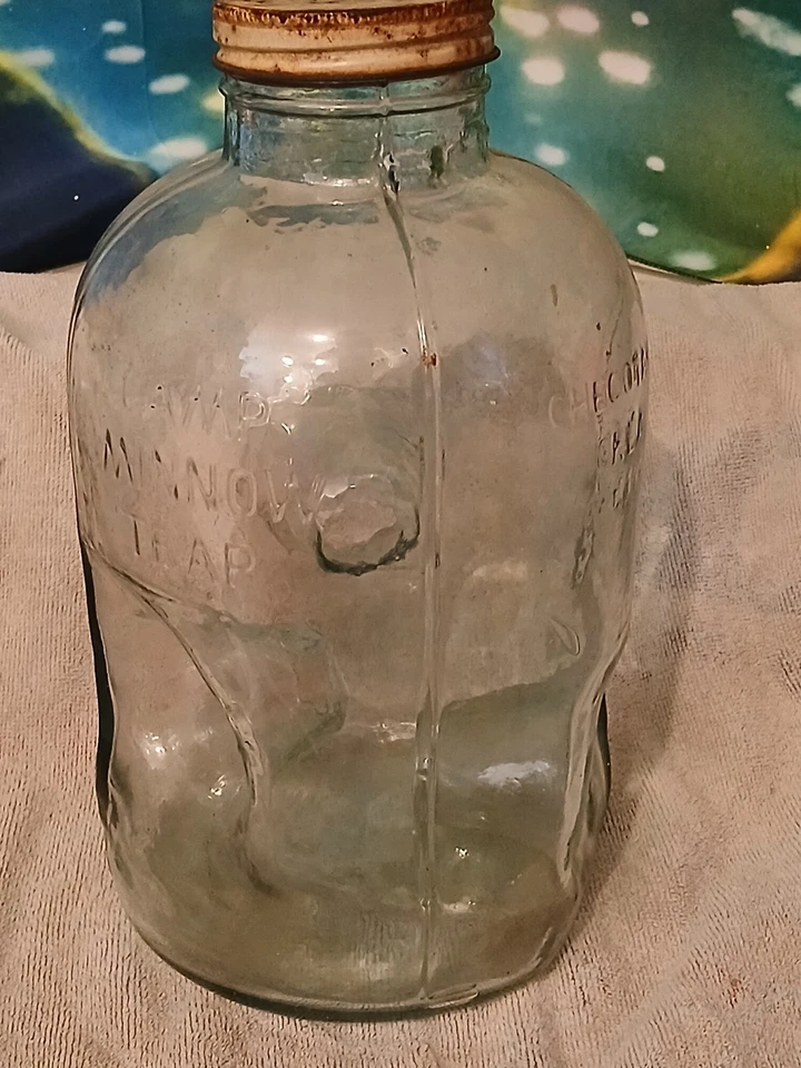  Antiguo vidrio de 3 agujeros sin marca Camp Minnow Trap Checotah OK GRANERO FRESCO Foto 3 de 3