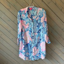 Lilly Pulitzer Womens Blue Pink Coral Seashell Rayon Button Front Tunic Top M