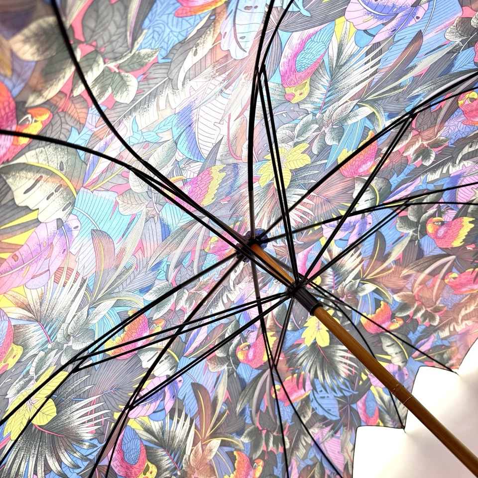 Vintage Tropical Parrot Print Umbrella – Wood Crook Handle – Colorful Art Canopy - Image 4 of 4