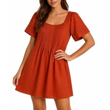 NWT Madewell Clay Orange Square Neck Pintuck Pleated Mini Dress Size XS