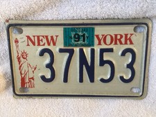 1991 New York Statue Of Liberty Motorcycle License Plate Tag 37N53